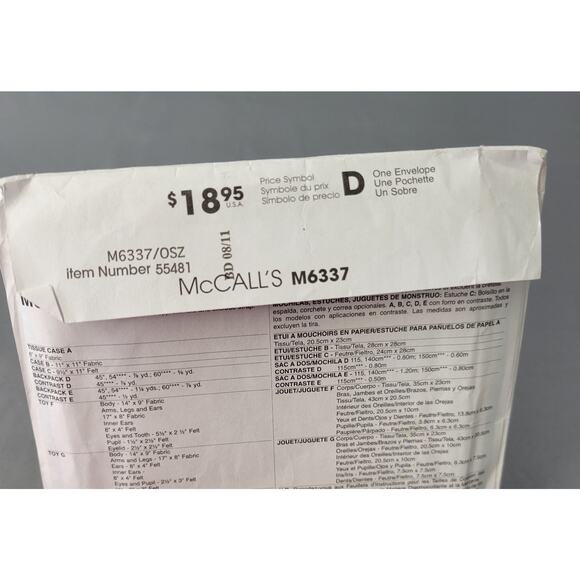 McCalls Sewing Pattern #M6337 Monster Backpack Toys Craft 2011 UNCUT - Picture 4 of 4